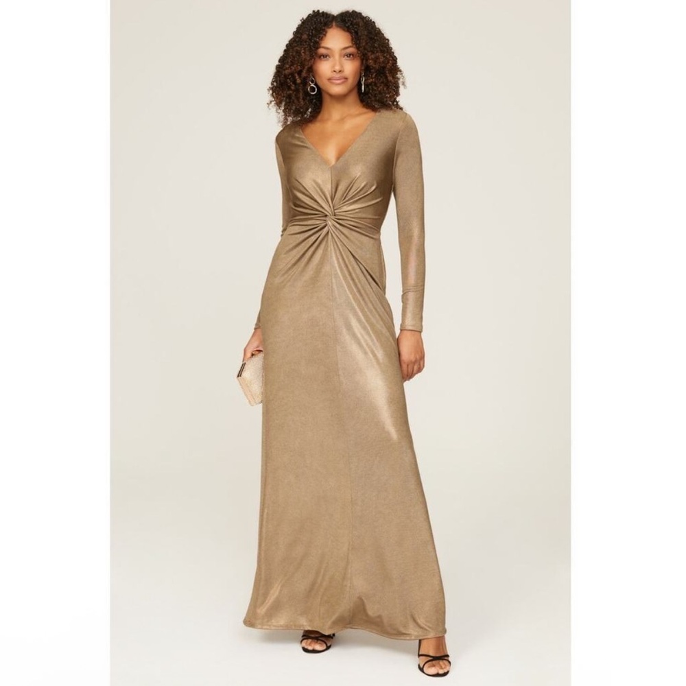 Lauren Ralph Lauren Size 2 Twist Front Jersey Maxi Shift Dress Gold Long Sleeves - Picture 4 of 11